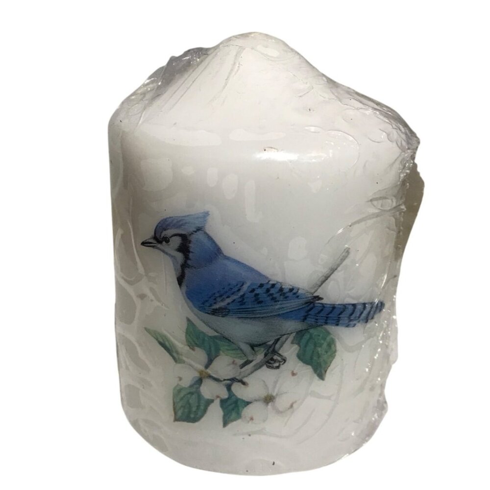 Decorative White Pillar Candle With Blue Jay & Floral Design Sealed Gift